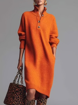 Plus Size - Hertalk'S New Button- Lapel Loose Straight Dress Is a Mid-Length Sweater Dress