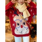 Plus Size, Women's Christmas Reindeer & Snowflake Jacquard Sweater - Loose Fit Pullover Sweaters with Reindeer Patterns, Round Neck Winter Sweaters for Xmas Parties, Casual Holiday Outfits (Bright Colors) - Cozy Winter Wear for non-Stretch