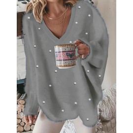 Plus Size - Women'S Asymmetrical V-Neck Geometric Sweater - Soft Pastel Winter Pullover with Trim, Cozy Casual Sweater for Everyday & Semi-Formal Outfits, Relaxed Fit Layering Piece, Easy-Care Durable Design