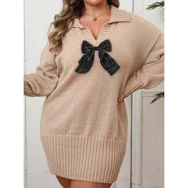 Plus Size, HERTALK Women's Plus Size Winter Dress - Elegant High Collar Sweater A-Line Dress with Bow Waist & Collar, Machine Washable Long Sleeve Party Wedding Guest Dress (Plus Size 12+) - Cozy Fall & Winter Outfits