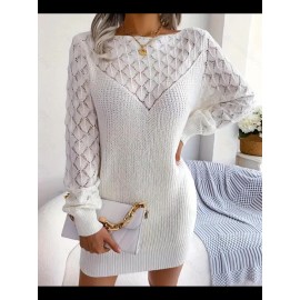 Plus Size, Women' Plus Size Elegant Off-Shoulder Sweater Dress - Soft Stretch Leaf & Floral Lace DressSuitable for Winter, Mid-Length Pullover Dress Suitable for Formal & Casual Events, Comfortable Sweater Dress