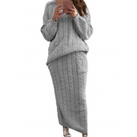 Plus Size - HERTALK Fall/Winter New Arrival Women'S Fashion Cable- Sweater Set Dress | Asymmetrical Hem, Crew Neck, Non-Stretch Fabric, Drop Shoulder Sleeves
