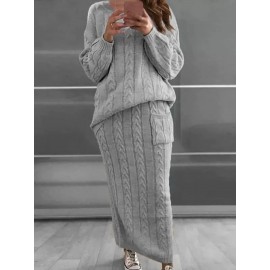 Plus Size - HERTALK Fall/Winter New Arrival Women'S Fashion Cable- Sweater Set Dress | Asymmetrical Hem, Crew Neck, Non-Stretch Fabric, Drop Shoulder Sleeves