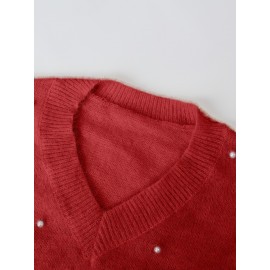 Plus Size, New Fall Winter Plus Size Women's V-Neck Beaded Sweater - Solid Color Top with Bead Accent Asymmetrical Collar, Cozy Winter Pullover for Casual & Dressy Outfits, Hand Washable (Immediate Shipment)