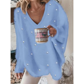 Plus Size, New Fall Winter Plus Size Women's V-Neck Beaded Sweater - Solid Color Top with Bead Accent Asymmetrical Collar, Cozy Winter Pullover for Casual & Dressy Outfits, Hand Washable (Immediate Shipment)