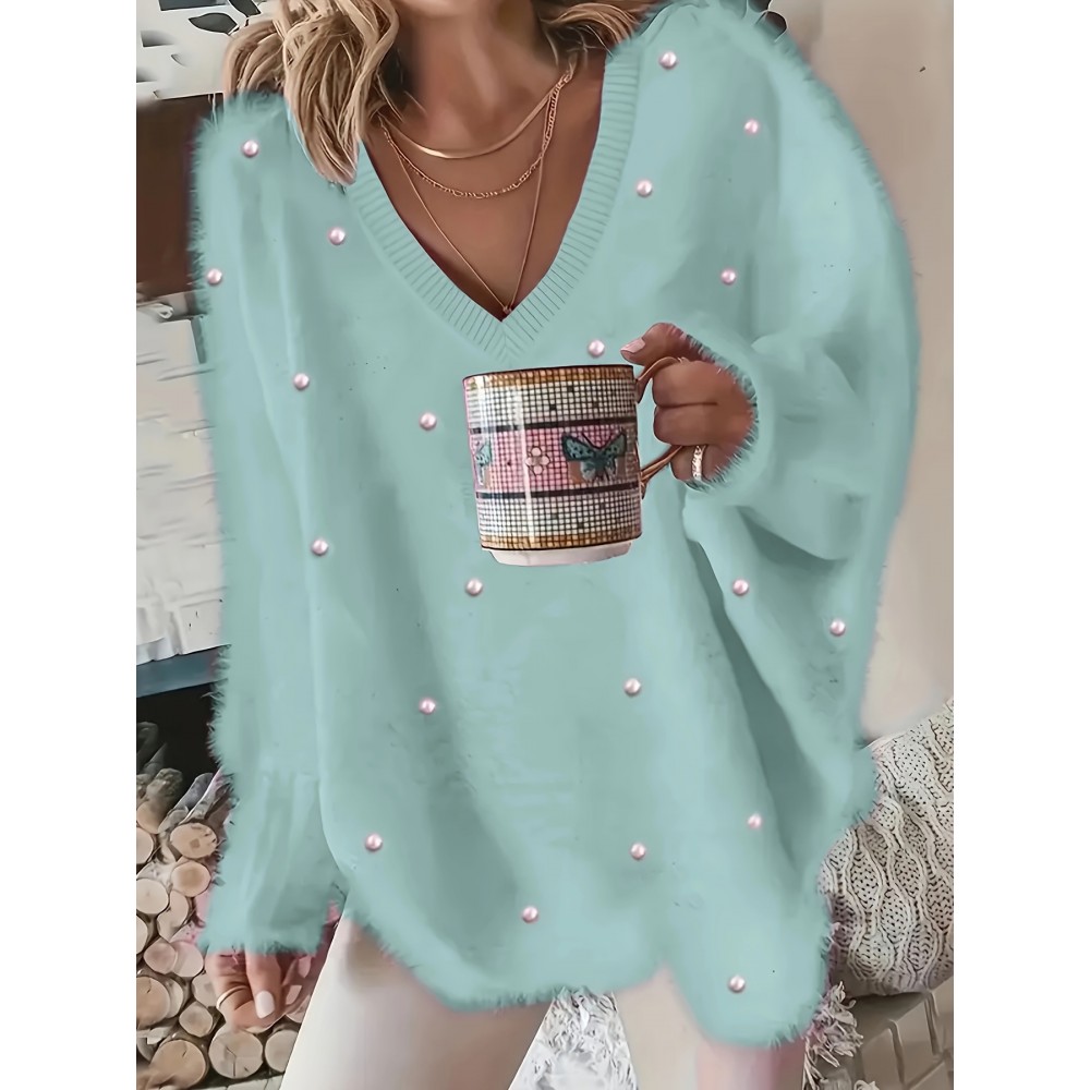 Plus Size, New Fall Winter Plus Size Women's V-Neck Beaded Sweater - Solid Color Top with Bead Accent Asymmetrical Collar, Cozy Winter Pullover for Casual & Dressy Outfits, Hand Washable (Immediate Shipment)