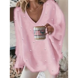 Plus Size, New Fall Winter Plus Size Women's V-Neck Beaded Sweater - Solid Color Top with Bead Accent Asymmetrical Collar, Cozy Winter Pullover for Casual & Dressy Outfits, Hand Washable (Immediate Shipment)