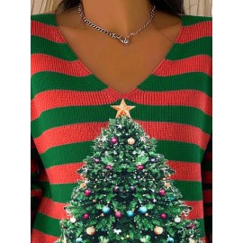 Plus Size - Women'S Large Christmas Tree Print Sweater - Oversized V-Neck Long Sleeve Pullover with Festive Red & Green Striped Pattern, Cozy Loose Fit Winter Sweater for Holiday Parties & Casual Outfits, Soft Warm Fabric (Ideal Christmas Gift) - Pl
