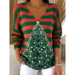 Plus Size - Women'S Large Christmas Tree Print Sweater - Oversized V-Neck Long Sleeve Pullover with Festive Red & Green Striped Pattern, Cozy Loose Fit Winter Sweater for Holiday Parties & Casual Outfits, Soft Warm Fabric (Ideal Christmas Gift) - Pl