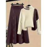 Plus Size - Two-Piece High-Neck Sweater and Midi Skirt Set | Elegant Color Block Design, Slight Stretch Fabric, Suitable for Fall/Winter, Brand: JNQUALYTRIX