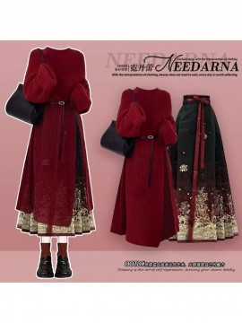 Plus Size - New Chinese Style Outfit Set for Women | Fashionable Sweater with National Style Elegant Mamian Skirt Two-Piece Set, Spring Season, Solid Color, Long Sleeve, Crew Neck