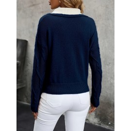 Plus Size - Plus Size Miye Sweater | Fall/Winter Color Block Turn- Collar Elegant Fashion Women'S Pullover Long Sleeve with Rib- Details