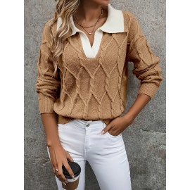 Plus Size - Plus Size Miye Sweater | Fall/Winter Color Block Turn- Collar Elegant Fashion Women'S Pullover Long Sleeve with Rib- Details