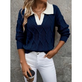 Plus Size - Plus Size Miye Sweater | Fall/Winter Color Block Turn- Collar Elegant Fashion Women'S Pullover Long Sleeve with Rib- Details