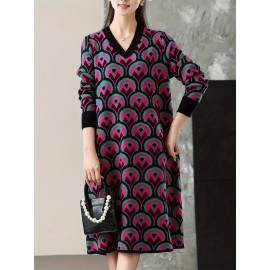 Plus Size - Plus Size Women'S V-Neck Sweater Dress | Mid-Length, Geometric Pattern, Stretchy Fabric, Regular Fit for Fall/Winter, Ideal for Office and Party Wear