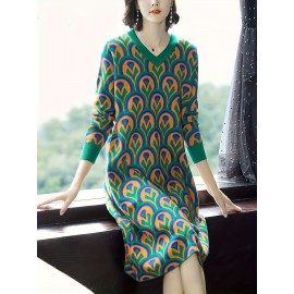 Plus Size - Plus Size Women'S V-Neck Sweater Dress | Mid-Length, Geometric Pattern, Stretchy Fabric, Regular Fit for Fall/Winter, Ideal for Office and Party Wear