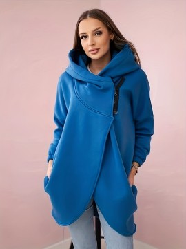 Plus Size - Plus Size - Women'S Plus Size Oversized Hooded Fleece-Lined Zippered Jacket - Thick Winter Coat with Asymmetrical Hem & Chain Detail, Full-Zip Front Closure, Machine Washable Solid Color Casual Sweatshirt For Fall/winter, Winter Jacket