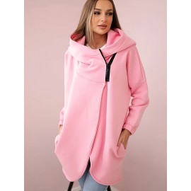 Plus Size - Plus Size - Women'S Plus Size Oversized Hooded Fleece-Lined Zippered Jacket - Thick Winter Coat with Asymmetrical Hem & Chain Detail, Full-Zip Front Closure, Machine Washable Solid Color Casual Sweatshirt For Fall/winter, Winter Jacket