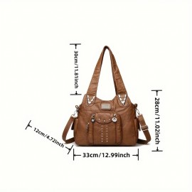 Vintage Faux Leather Crossbody Bag with Removable Strap and Zipper Closure, Solid Color Messenger Bag, Polyester Lined Handbag for Everyday Travel - Baigou Crafted