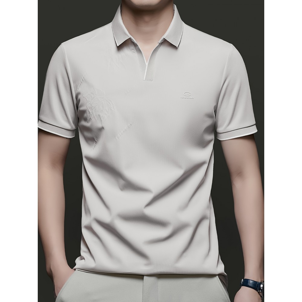 Men's Summer Short-Sleeve Collar Knit Shirt - Breathable V-Notch Blouse, Machine-Washable Casual & -Casual Tunic Top, Color-Blocking Trim (Short T) for Spring/Summer - In Stock 2518