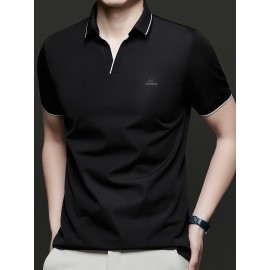 Men's Summer Short-Sleeve Collar Knit Shirt - Breathable V-Notch Blouse, Machine-Washable Casual & -Casual Tunic Top, Color-Blocking Trim (Short T) for Spring/Summer - In Stock 2518