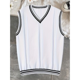 Men's V-neck Pullover Vest Cardigan, College Style Knitted Sleeveless Sweater