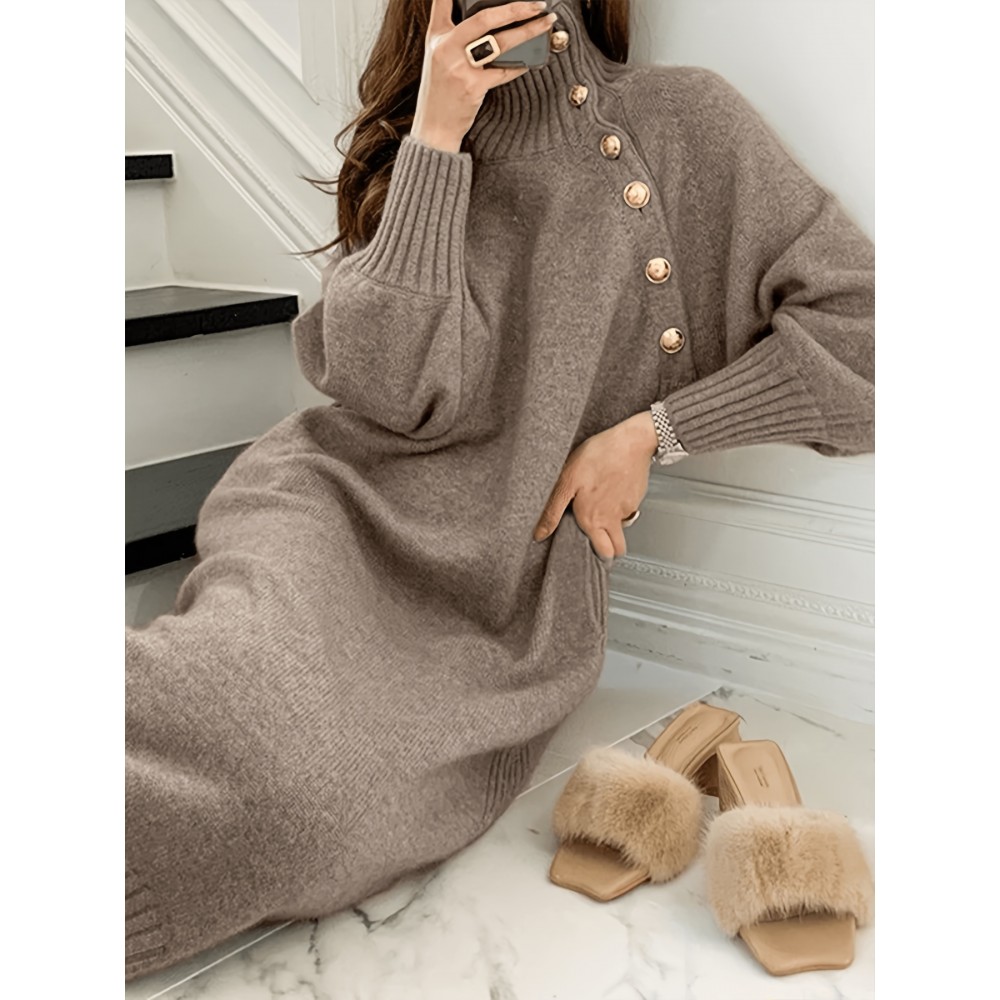 Women's Elegant Sweater Dress - Button-Front Collar High Neck Long Sleeve Dress, Solid Color Loose Fit Dress Suitable for Fall/Winter, Office to Semi-Formal Wear