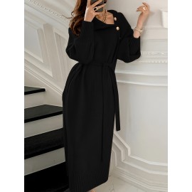 Women's Elegant Sweater Dress - Button-Front Collar High Neck Long Sleeve Dress, Solid Color Loose Fit Dress Suitable for Fall/Winter, Office to Semi-Formal Wear