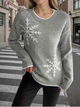 Women's Grey Snowflake Jacquard Sweater - Korean Winter Slim-Fit Pullover with White Snowflake Pattern, Soft Round Neck Long Sleeve Sweater for Christmas, Cozy Winter Party & Casual Outfits (Grey/Green/Black)