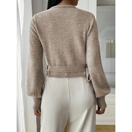 100% Wool Women's Elegant V-Neck Cardigan with Adjustable Tie Waist- Beige Long Sleeve Sweater, Lightweight Casual to Semi-Formal Outerwear for Spring