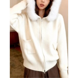 Women'S Korean Winter Jacket with Fur Collar - Loose Fit Hooded Coat, /All-Season Outerwear for Casual & Formal Events, Easy-Care Cardigan Sweater (Women'S Clothing)