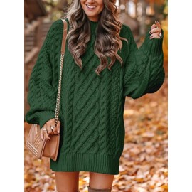 Women's Oversized Cable Sweater Dress - Belted Waist Pencil, Round Neck Mid-Length Pullover, Cozy Casual to Semi-Formal Wear (Maroon/Deep Red) - Easy-Care Hand Wash/Dry Clean, Spring/Fall Wardrobe Essential