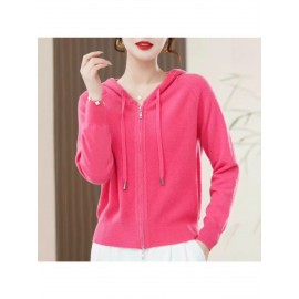 Spring and Autumn Women'S Hooded Cardigan | Long-Sleeved, Loose Fit, Solid Color, V-Neck, Elegant Style