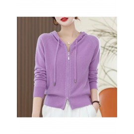 Spring and Autumn Women'S Hooded Cardigan | Long-Sleeved, Loose Fit, Solid Color, V-Neck, Elegant Style