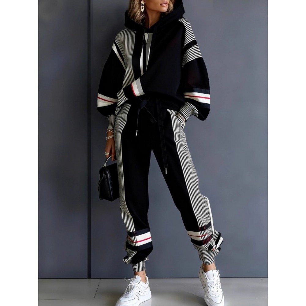 Women's Fall Winter New Color Block Hoodie Set Casual Sweatshirt Pants 2pcs