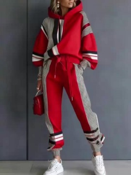Women's Fall Winter New Color Block Hoodie Set Casual Sweatshirt Pants 2pcs