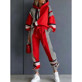 Women's Fall Winter New Color Block Hoodie Set Casual Sweatshirt Pants 2pcs