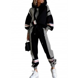 Women's Fall Winter New Color Block Hoodie Set Casual Sweatshirt Pants 2pcs
