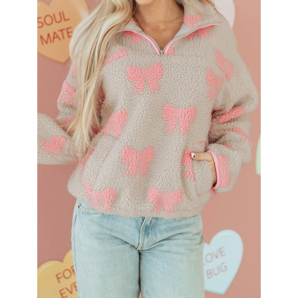 Scacto Gray Bow Quarter Zip Shoulder Baggy Sweatshirt