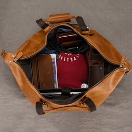 Men's Genuine Leather Travel Duffel Bag, 20 Inch Vintage Carry-On, Large Capacity, Commuter Style, No Wash, Adjustable Strap, Unprinted, Handheld & Shoulder Bag