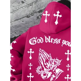 Men'S Christian Faith Hooded Sweatshirt with Prayer Hands & Cross Design - All-Season Casual Pullover, Machine Washable, Kangaroo Pocket & Drawstring Hood, Plus Size, Church Activities & Casual Attire