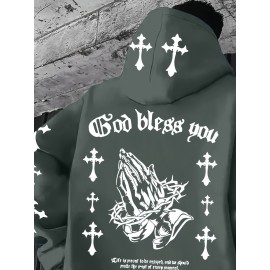 Men'S Christian Faith Hooded Sweatshirt with Prayer Hands & Cross Design - All-Season Casual Pullover, Machine Washable, Kangaroo Pocket & Drawstring Hood, Plus Size, Church Activities & Casual Attire