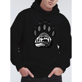 Plus-Size Men'S 3D Digital Print Bear Paw & Forest Graphic Hooded Sweatshirt - with Wildlife Design, Casual Long Sleeve Pullover, Regular Fit for Outdoor & Casual Attire, Nature-Inspired Men'S Fashion, Plus Size