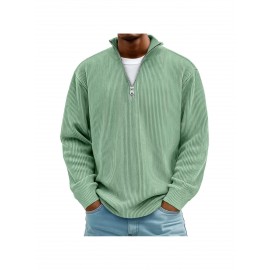 Men's Corduroy Quarter-Zip Sweater - Thermal Stand Collar -Neck Pullover, Corduroy Sweaters for Fall Winter Spring Summer, Casual Long Sleeve Machine-Washable Sweaters in Neutral Colors (/Tan/) - Regular Fit Top, PLUS SIZE