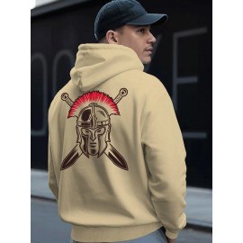 Spartan Men's Spartan Helmet and Spear Print Hooded Sweatshirt - Oversized Street Style Pullover in Beige with Red Spartan Print, Soft Warm Winter Top, Ideal Gift for History Enthusiasts, Casual Wear, Comfortable Clothing, Vintage Aesthetic, Durable