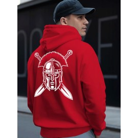 Spartan Men's Spartan Helmet and Spear Print Hooded Sweatshirt - Oversized Street Style Pullover in Beige with Red Spartan Print, Soft Warm Winter Top, Ideal Gift for History Enthusiasts, Casual Wear, Comfortable Clothing, Vintage Aesthetic, Durable