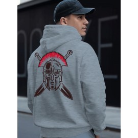 Spartan Men's Spartan Helmet and Spear Print Hooded Sweatshirt - Oversized Street Style Pullover in Beige with Red Spartan Print, Soft Warm Winter Top, Ideal Gift for History Enthusiasts, Casual Wear, Comfortable Clothing, Vintage Aesthetic, Durable