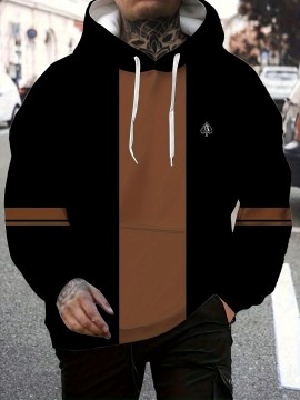 Men's Fleece-Lined Hooded Full-Zip Jacket - Winter Warmth Loose-Fit Windproof Sweatshirt, Machine Washable Gym Running Outdoor Sports Coat with Fleece, Black/Brown Casual Sportswear (No Bulk), PLUS SIZE