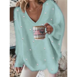 Plus Size - Women'S Asymmetrical V-Neck Geometric Sweater - Soft Pastel Winter Pullover with Trim, Cozy Casual Sweater for Everyday & Semi-Formal Outfits, Relaxed Fit Layering Piece, Easy-Care Durable Design