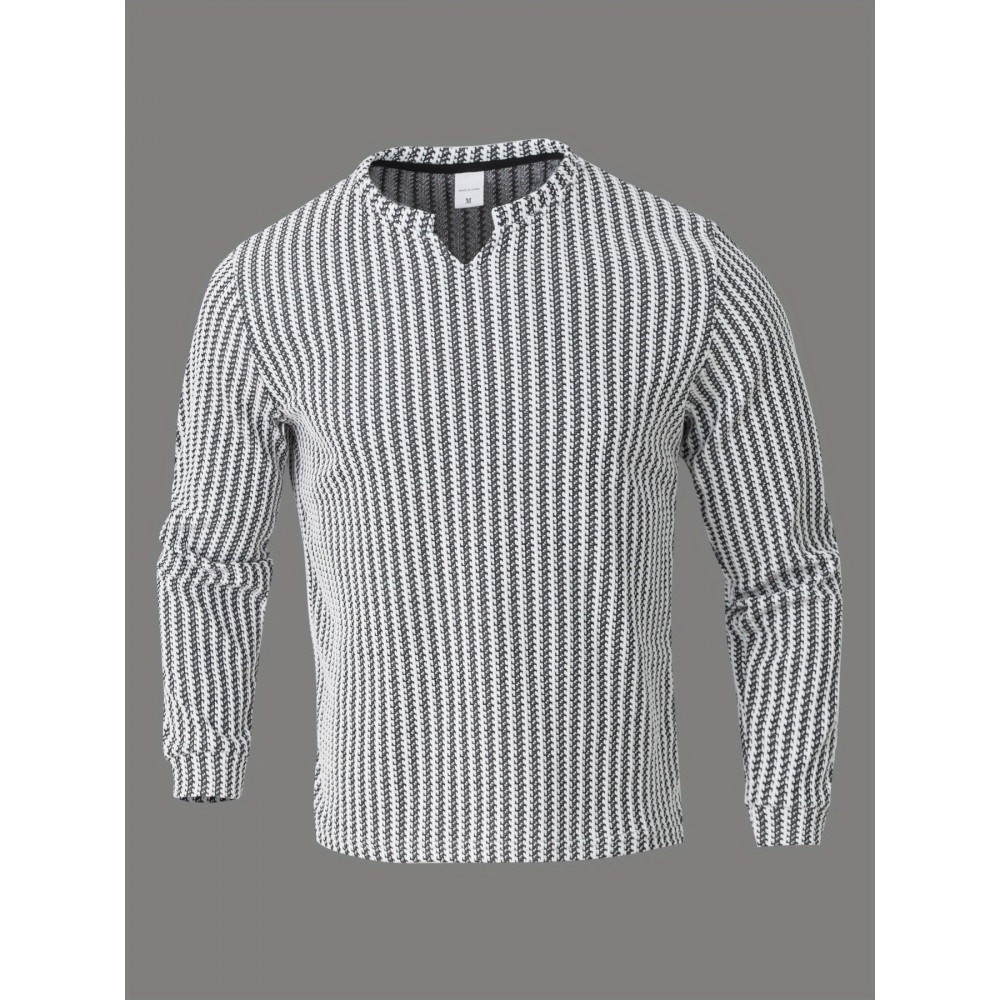 Men's Fashion Casual Long Sleeve Henley Shirt | Premium Houndstooth Jacquard Henley Collar T-Shirt | Notched V-Neck Design | Loose-Fit Comfortable Henley Tee | Essential Golf Wear | Breathable, Warm, and Skin-Friendly | for Indoor Gatherings and